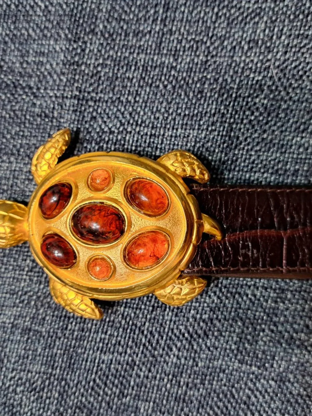 VINTAGE LADIES BELT WITH JEWEL TURTLE BELT BUCKLES GOLD TONE SIZE S-M